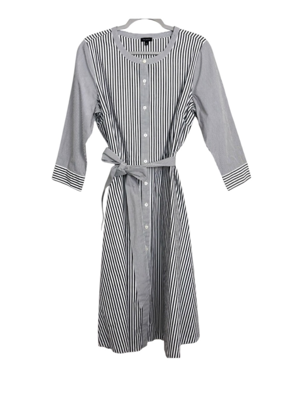 Talbots Belted Shirt Dress Gray & White Stripe Women’s 12 Career Classic